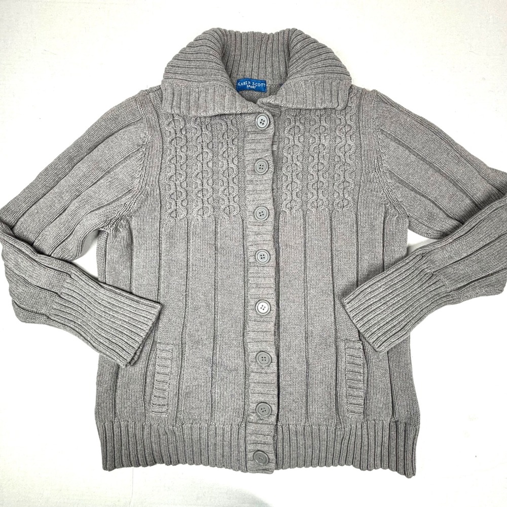 Karen Scott Sport Gray Cable Knit Cardigan Sweater Medium Grandpa Shawl Cozy EUC